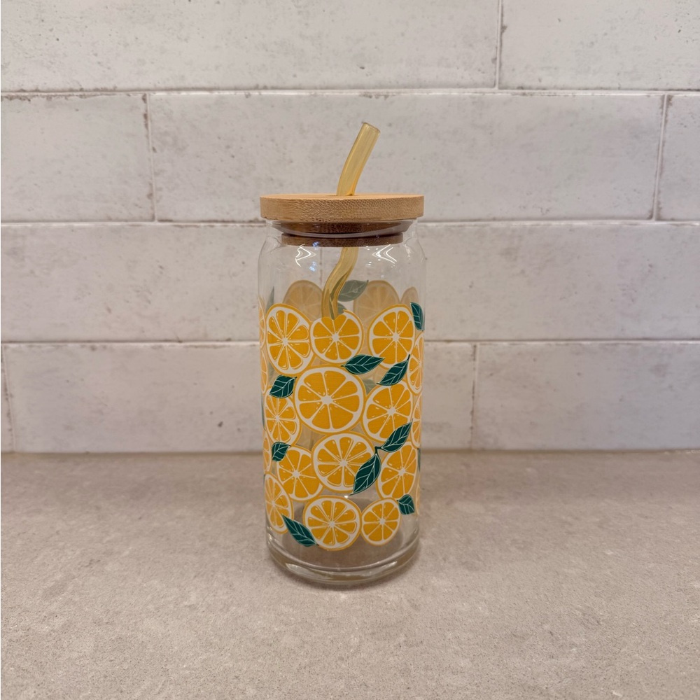 Lemon Patterned Glass Tumbler with Bamboo Lid and Glass Straw